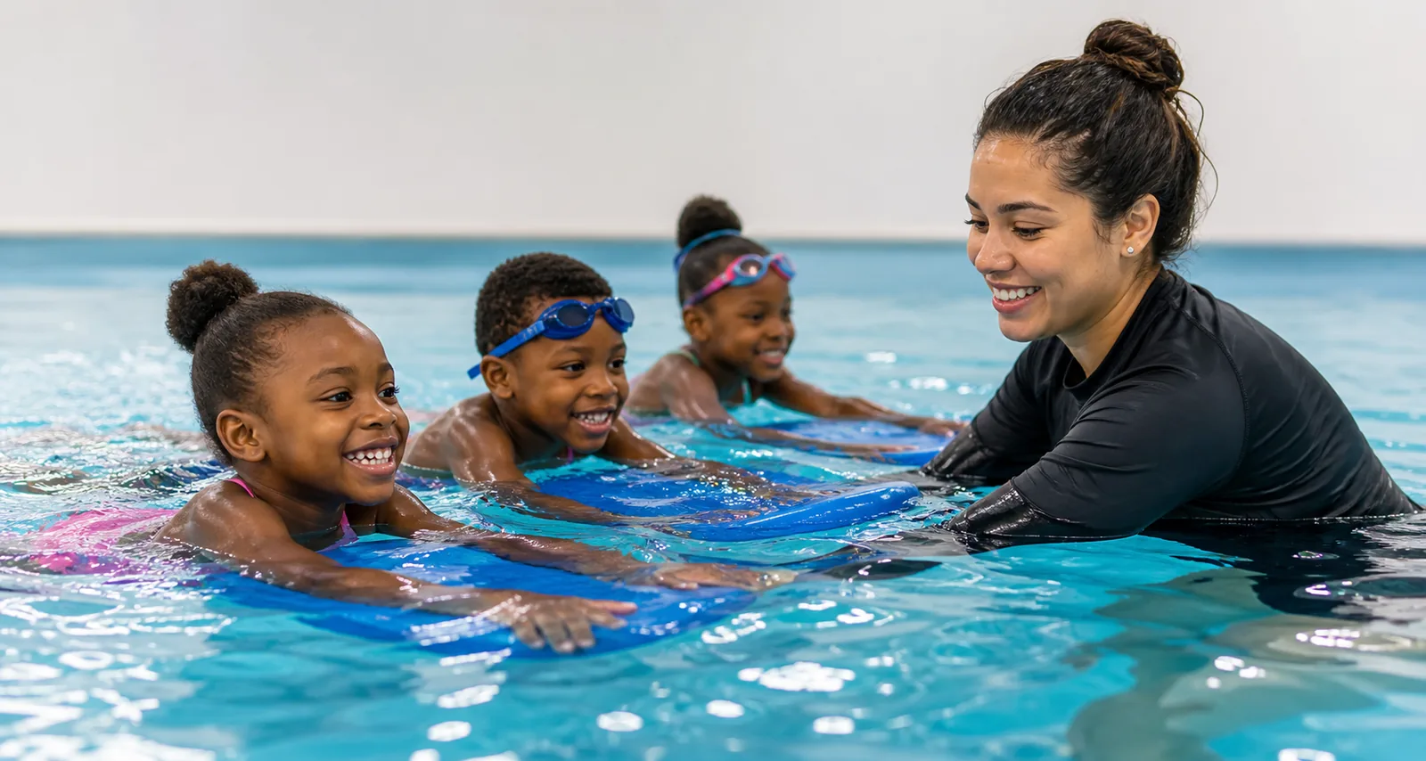 Happy Black children learning to swim with a supportive instructor in an indoor heated pool in Randburg
