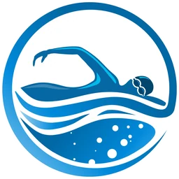Swimmly Swim School logo with a blue swimmer and waves